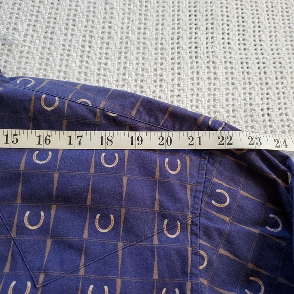 Vintage 90s Express Rider Blue Brown Pearl Snap Horseshoe Men's Western Shirt XL - Picture 5 of 8